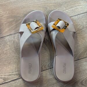 OluKai Women's Tan Slide Sandals with Gold Buckle